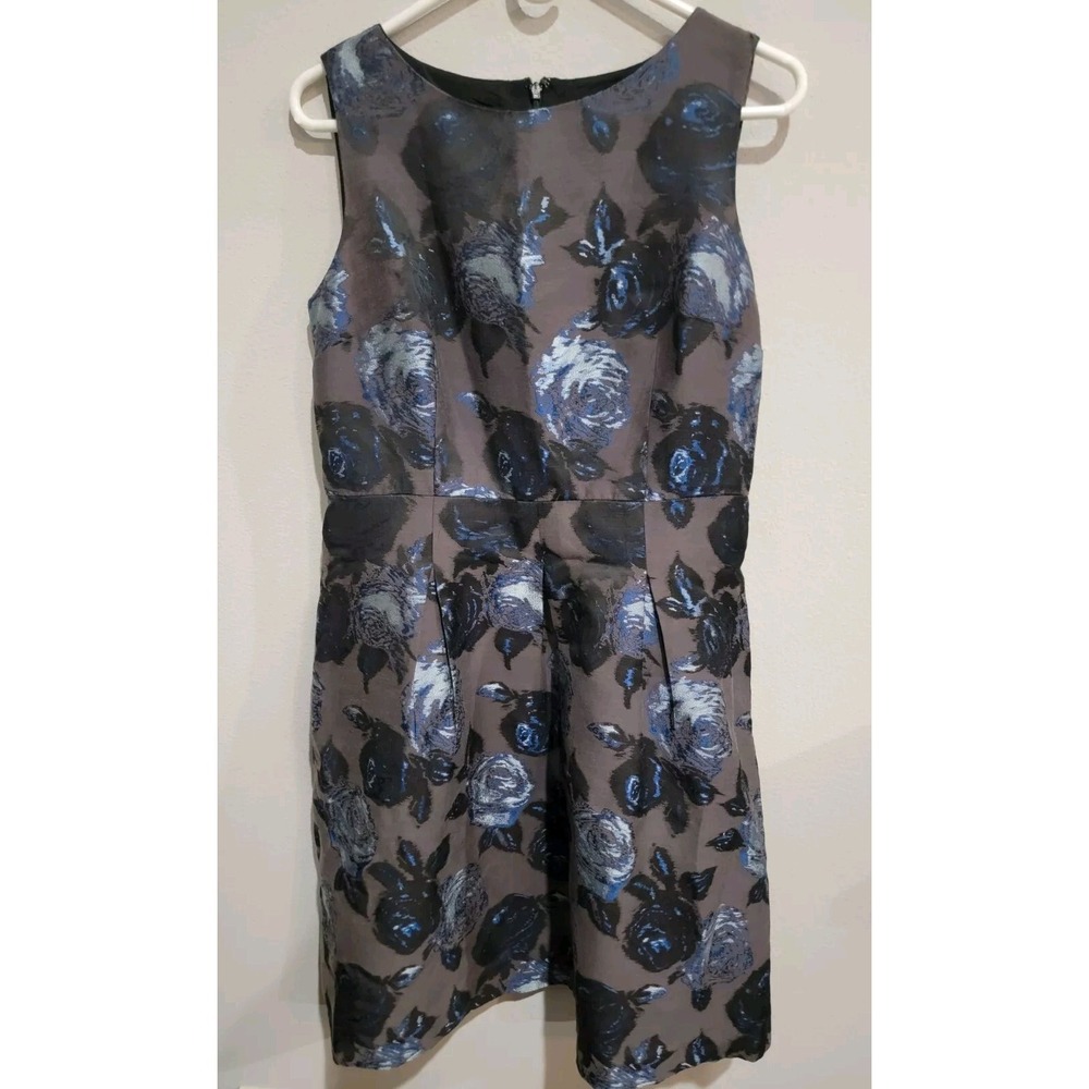 Talbots Womens Size 12 Gray Blue Floral Fit Flare Dress Sleeveless Knee Length